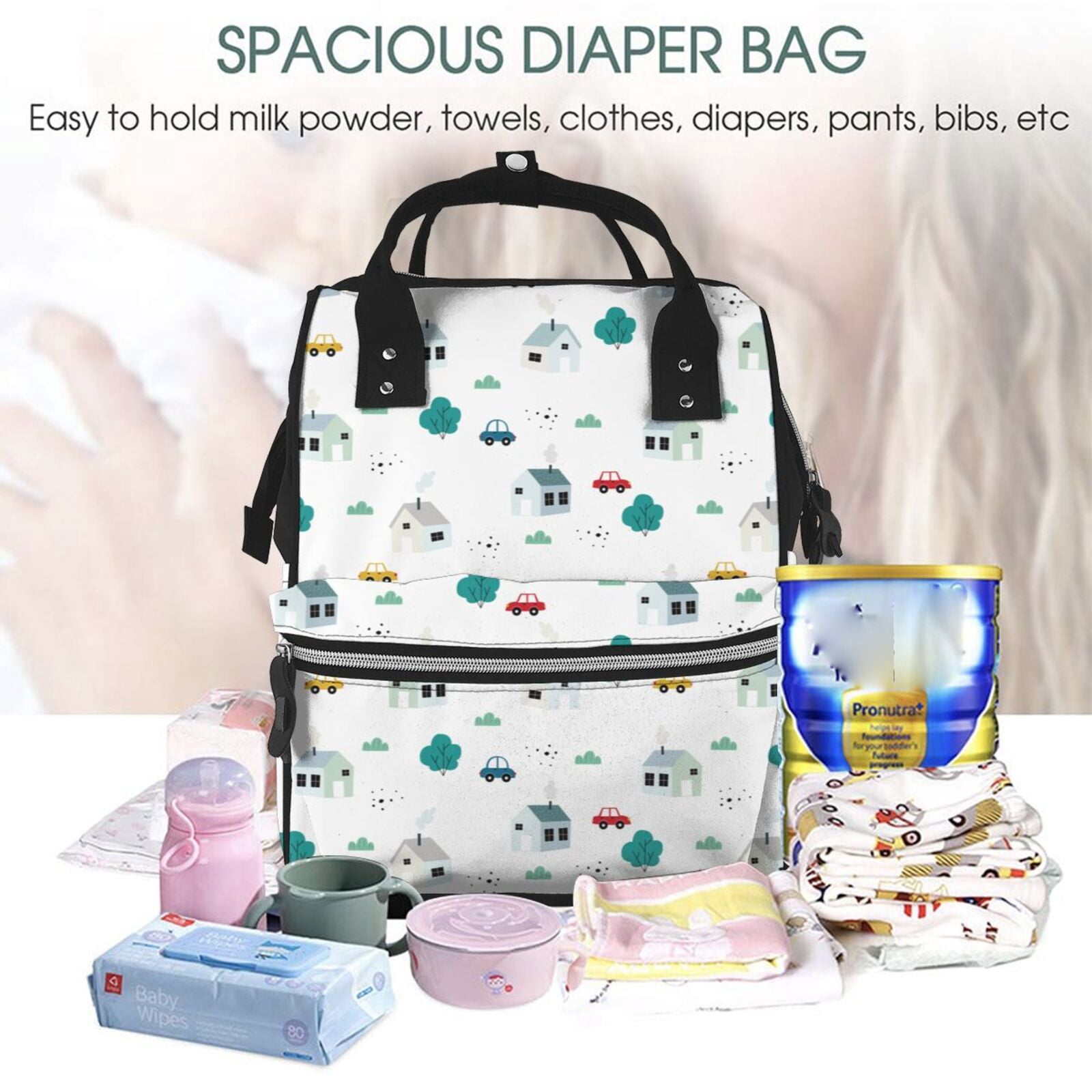 Fuzoiu Cartoon House Car Print Diaper Bag Backpack,Baby Essentials Travel Tote,Multi function Waterproof Diaper Bag, Travel Essentials Baby Bag - Unisex