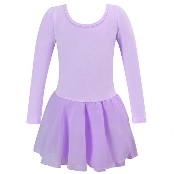 Vestido de manga larga con cuello redondo para niña, color liso, cuello redondo, mangas largas, falda elástica con volantes