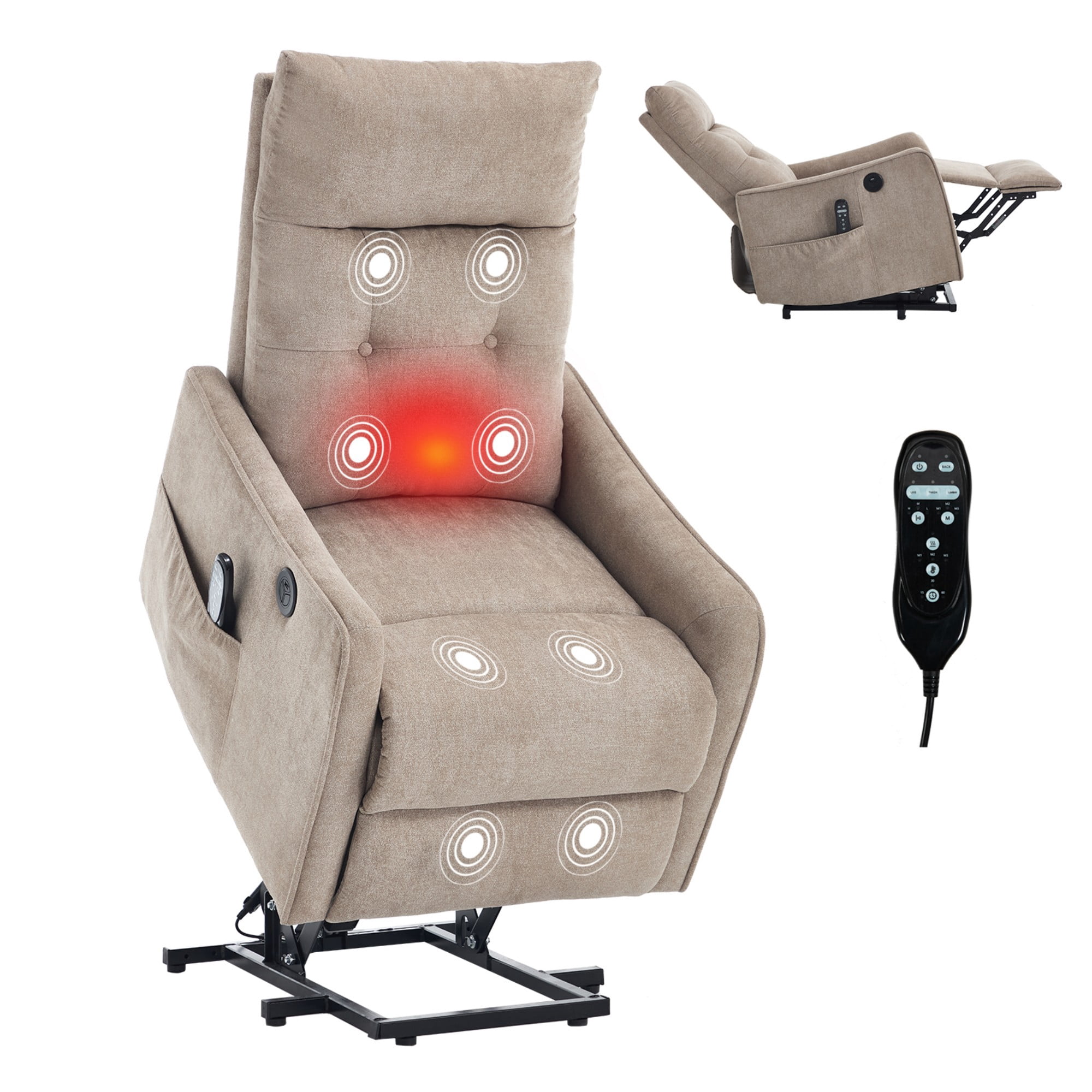 Aukfa Power Lift Recliner Chair with Massage and Heat for Elderly, Electric Chair with USB Port & Side Pocket for Living Room, Khaki
