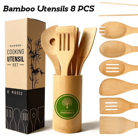 JOGGEIL Bamboo Wooden Utensil Set 8 Pcs with Holder, Cooking Spoons and Spatulas for Nonstick Cookware and Stirring Flipping Serving, Non-Scratch Heat Resistant Kitchen Tools, Eco-Friendly, Brown