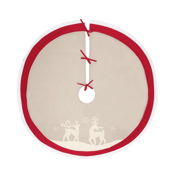 Nordic Christmas Deer on Beige Background with Snowflakes and Red Trim Cotton Christmas Tree Skirt 54.0-in.