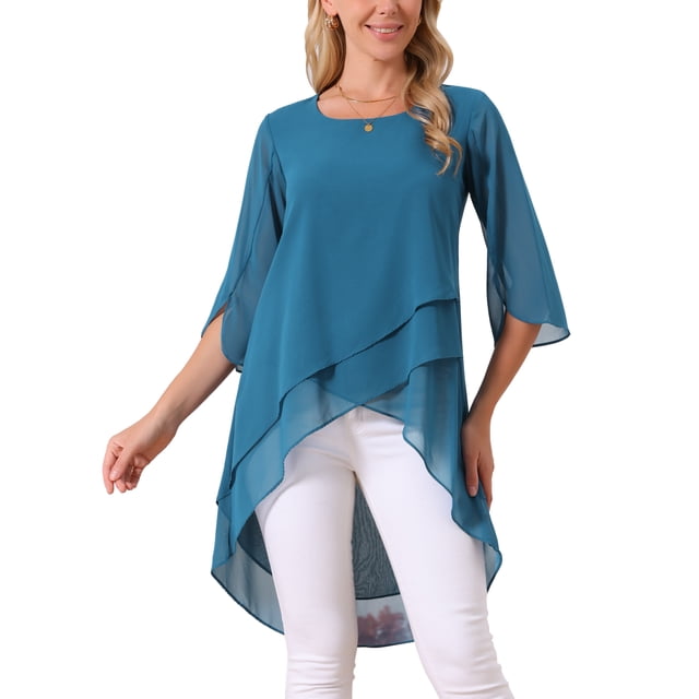 INSPIRAR CHIC Blusa de Chifón Asimétrica de Cuello Redondo con Mangas de Volante de 3/4 y Corte Alto-Bajo en Azul Pavo L