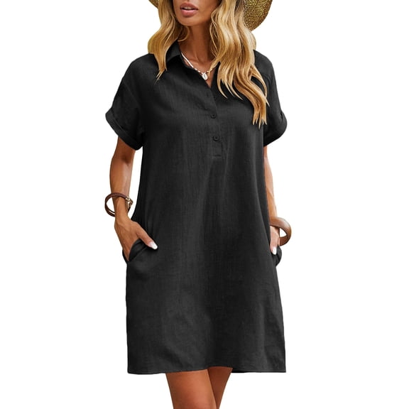 Women's Cotton Shirt Dress Short Sleeve Button Down Shirt Dress Black L