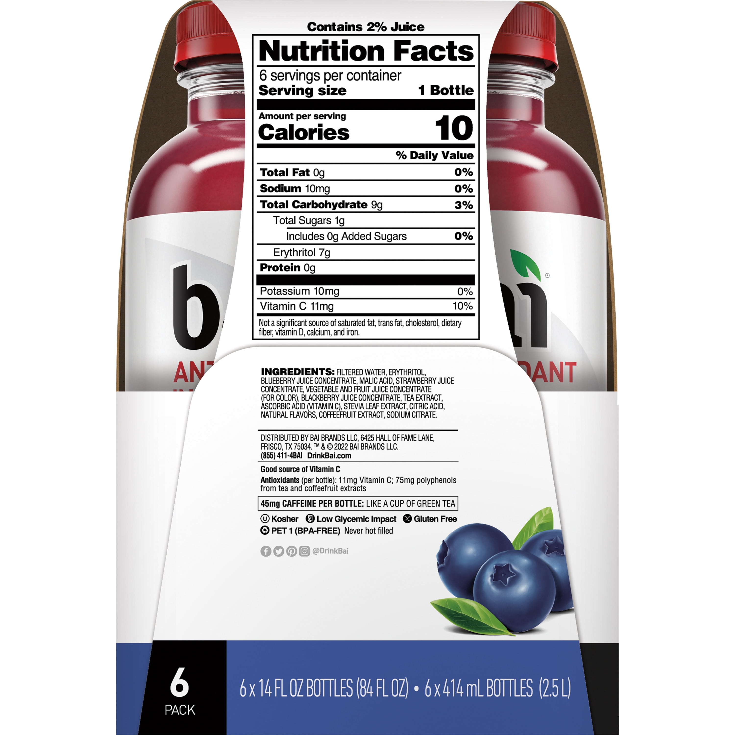Bai Antioxidant Infused Brasilia Blueberry Flavored Water, 18 fl oz, 6 Bottles