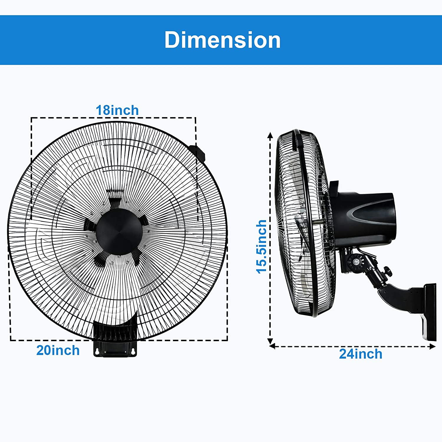 18 Inch Household Commercial Wall Mount Fan, 90 Degree Horizontal Oscillation, 5 Speed Settings, Black, 1-Pack