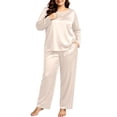 thumbnail image 2 of vdgthytj Plus Size Loungewear Sets for Women Satin Long Sleeve Crewneck Tops Straight Leg Pants Fall Sleepwear 2 Piece Outfits(X-Large,White), 2 of 9