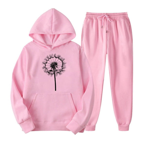 JURANMO Track Suit for Women 2 Piece Set, Two Piece Outfits Sweatsuits Set Long Sleeve Pullover Hoodie and Jogger Sweatpants Dandelion Print Lounge Sets Pink M