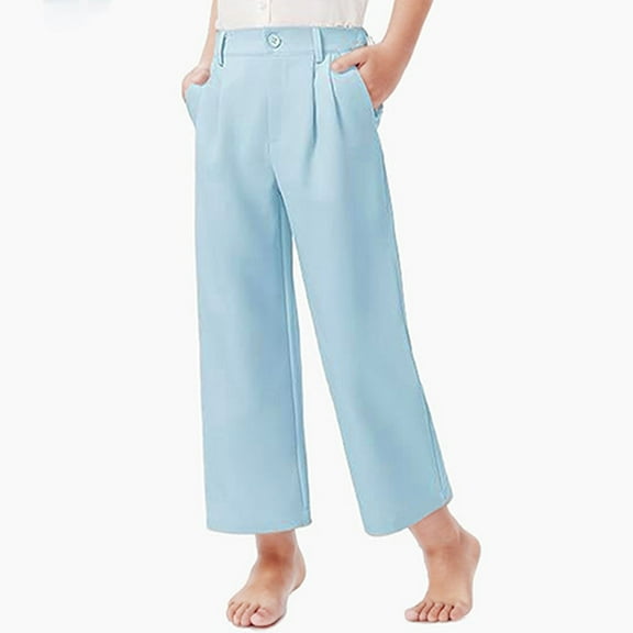 Summer Savings! Loopsun Girls Casual Pants, Girls Uniform Pants Kids High Waisted Wide Leg Pants Casual Trousers with Pockets Blue 11-12 Years