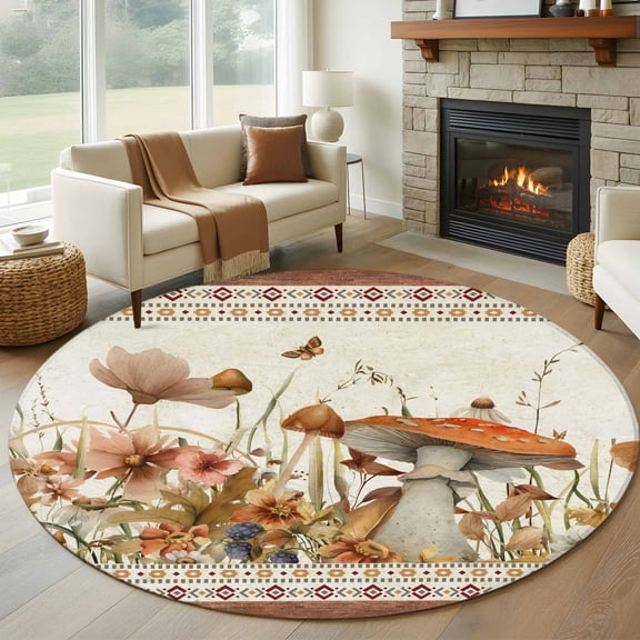 Vintage Mushroom Round Area Rug 5Ft Washable Circle Rugs for Living Room Bedroom, Spring Floral Retro Art Pastoral Botanical Non-Slip Carpet Floor Mats Indoor Outdoor Carpet Runner Home Decor