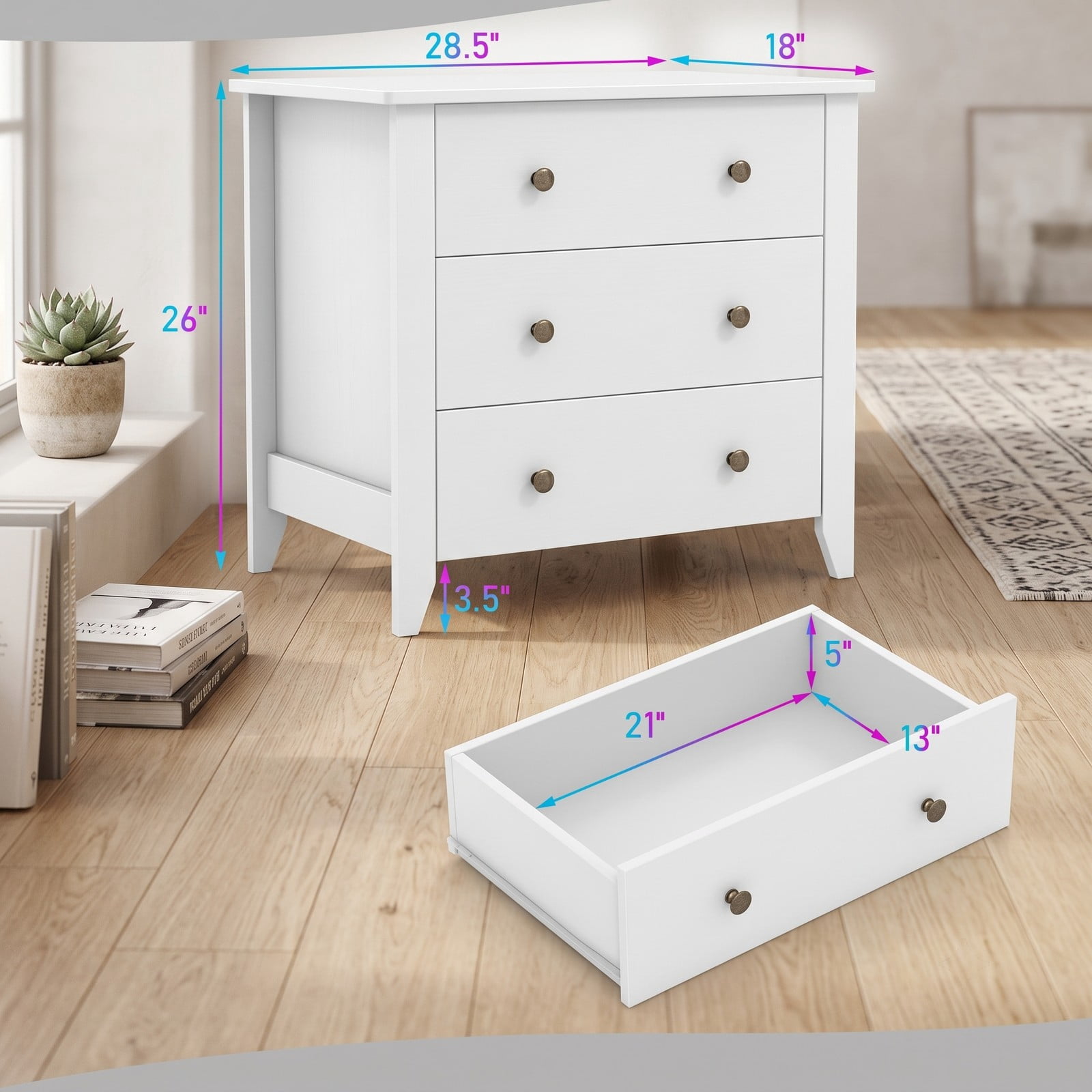 Furnibear 3-Drawer Dresser Chest and Bedside Table with Mute Slide Guides and Antique Brass Knobs for Bedroom and Entryway, White