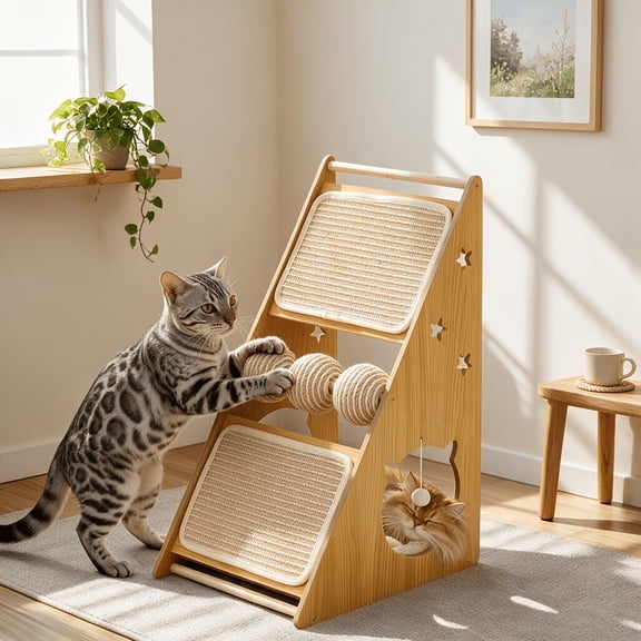 Cat Scratcher with Nest - Non-Shedding Vertical Cat Scratching Post, Cat Board Scratcher with 3 Sisal Balls for Indoor Cats, Reliable Wall Mounting