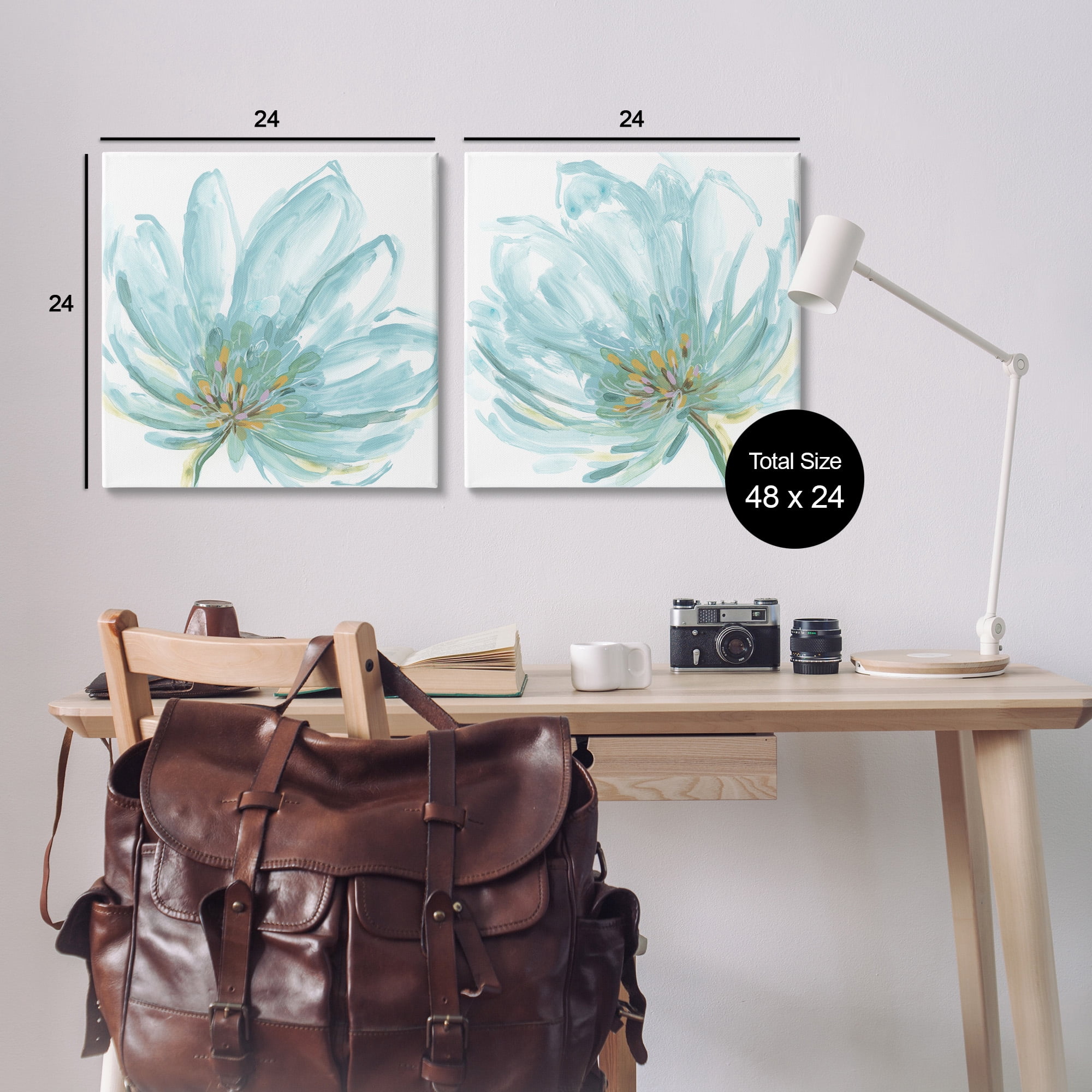 Stupell Industries Blue Blossoms on White Botanical & Floral Painting Gallery Wrapped Canvas Art Print Wall Art, 24 x 24, Set of 2