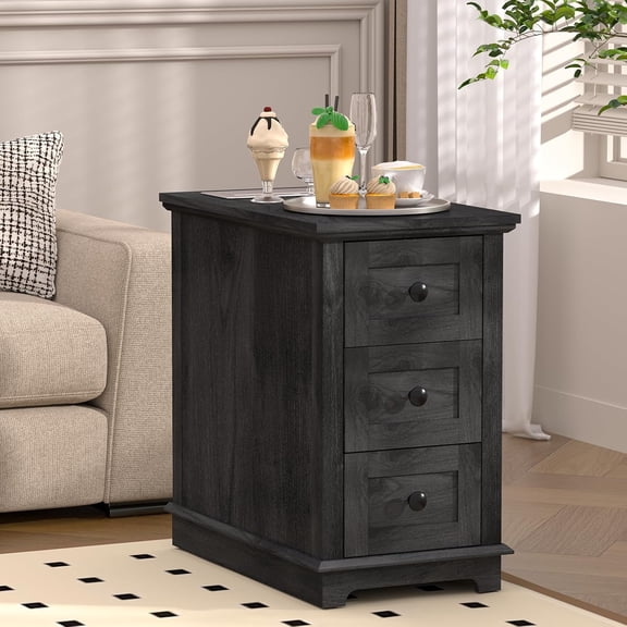 3-Drawer Storage End Table with Charging Station for Living Room, Bedroom, Office
