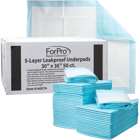 ForPro Basics 5-Layer Leakproof Disposable Underpads, Ultra-Absorbent Incontinence Pads for Babies, Adults, Pets, 30" x 36", 50-Count