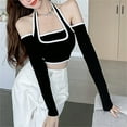 thumbnail image 3 of xiaxaixu Female Crop Tops, Off Shoulder Long Sleeve Fake Two Pieces T-Shirt, 3 of 7