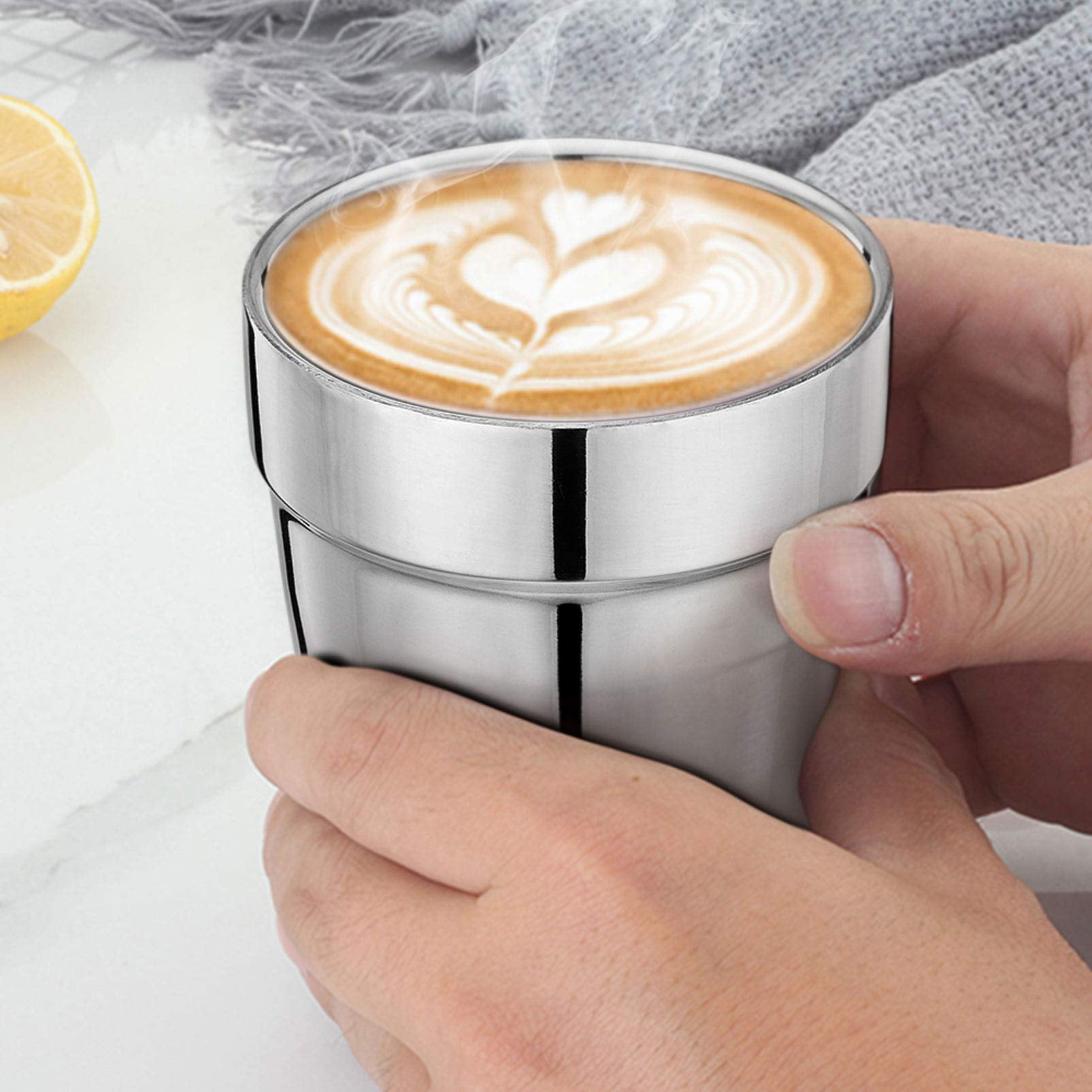 Espresso Cup Set of 4 Double Wall Stainless Steel Coffee Mugs Reusable Stackable Tea Cups Mirror Finish Dishwasher Safe 6 Ounce