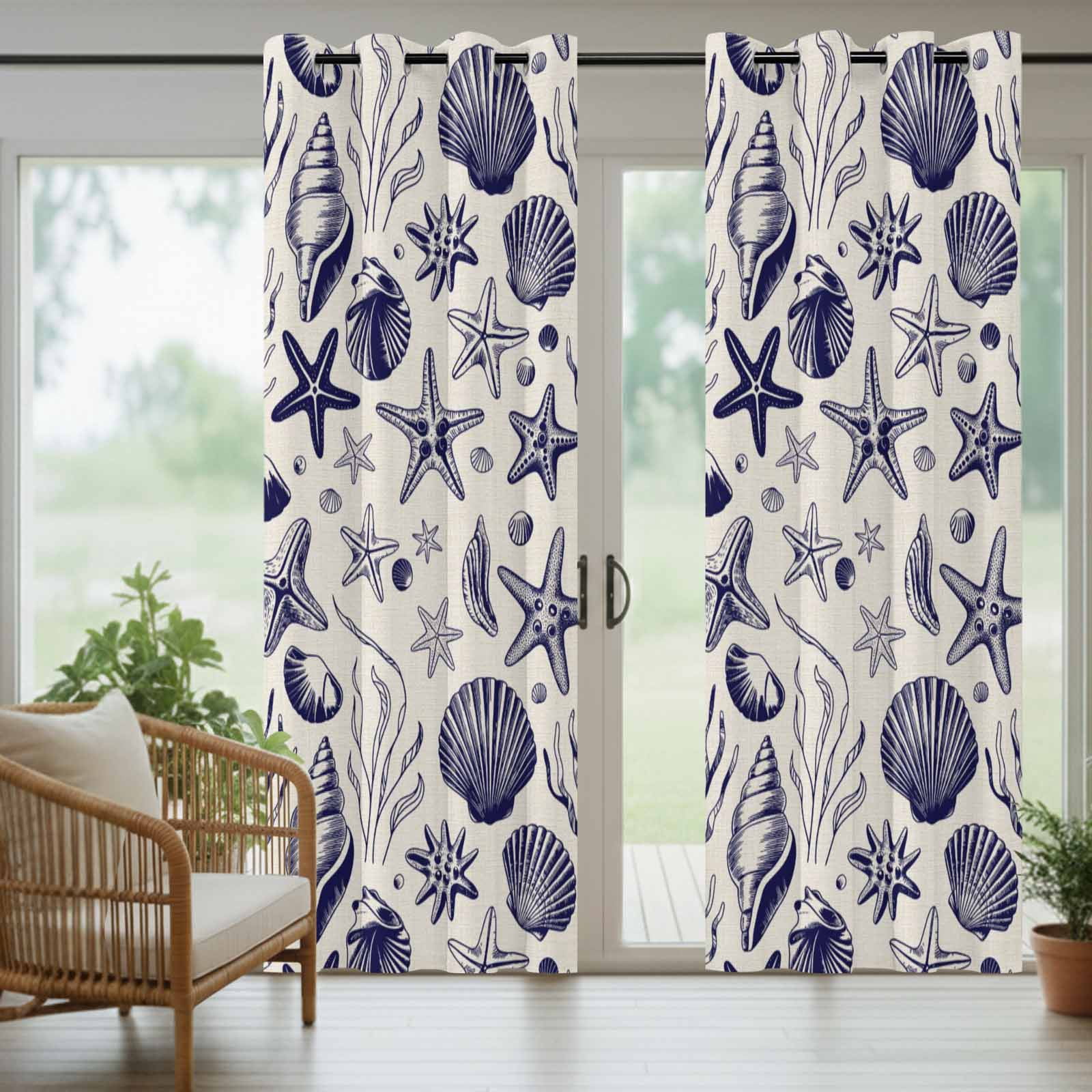 Summer Marine Life Outdoor Curtains for Patio, Black Line Ocean Shell Starfish Sea Conch Seaweed Sunshade Privacy Drapes Grommet Waterproof Outside Curtains for Porch Balcony 54"x 108", 1 Panel