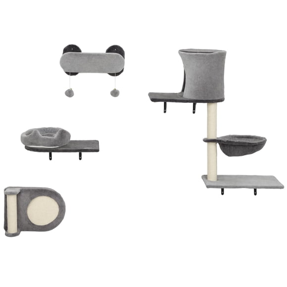 Grey Cat Wall Shelves with Scratching Post & Condo - 4-Tier Climbing Kit for Small Cats - Space-Saving Cat Furniture for Living Room & Bedroom