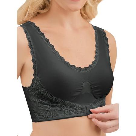 - Women's Lace Comfort Front Close Wide Strap Bra without Underwire, Large, Black