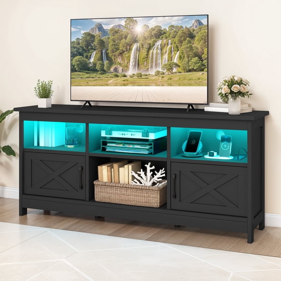 Uforic 59" TV Stand for 65" TV - Black Entertainment Center with Storage Cabinets, Open Shelves, 24-Color LED Light Strip & Integrated Power Strip, Ideal for Living Room or Bedroom Media Console
