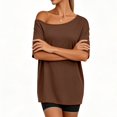 thumbnail image 3 of Seffadzy Womens Oversized T-Shirts Short Sleeve Off The Shoulder Loose Fit Tops Casual Summer Daily Workout Yoga Shirts, 3 of 5