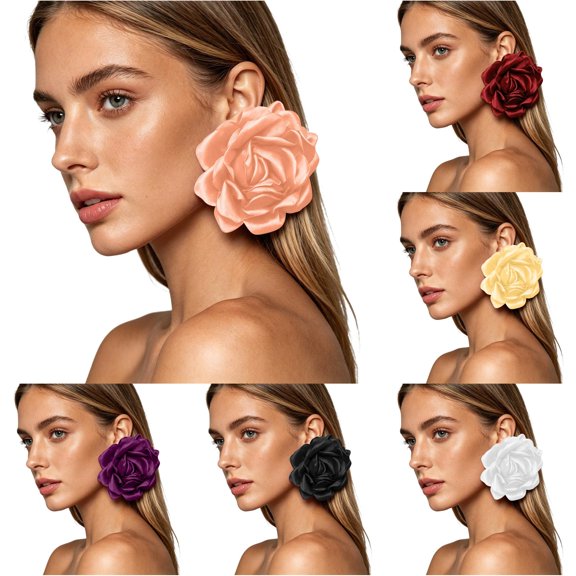 Krdevn Oversized Satin Fabric Rose Flower Stud Earrings Lightweight Big Floral Statement Earrings Wedding Party Vacation Women Ear Jewelry