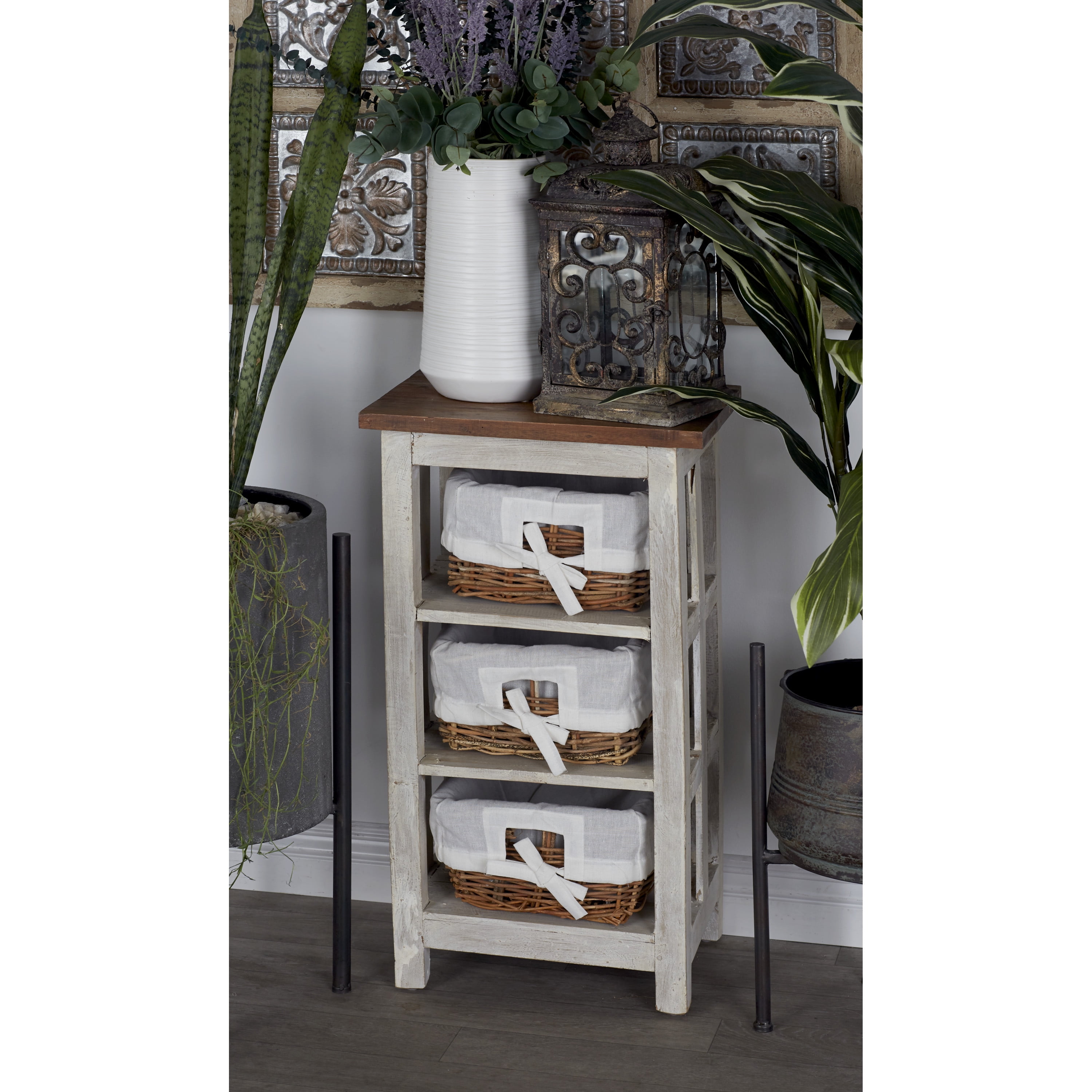 DecMode 15" x 29" White Wood 3 Baskets Storage Unit, 1-Piece