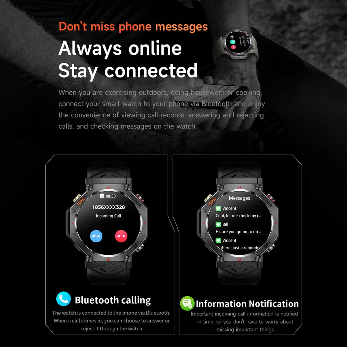Rainbuvvy KC91 Smart Watch 1.39 Inch GPS 3ATM Waterproof Flashlight Message Notification for Android or iOS Sports Watch