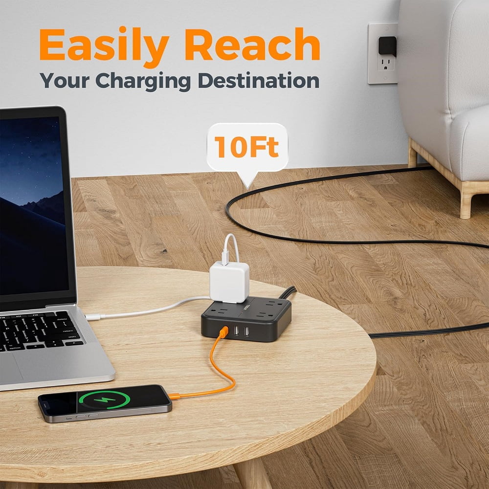 10Ft Extension Cord Power Strip with 4 Outlets & 3 USB (1 USB C), Ultra Thin Flat Surge Protector, Black