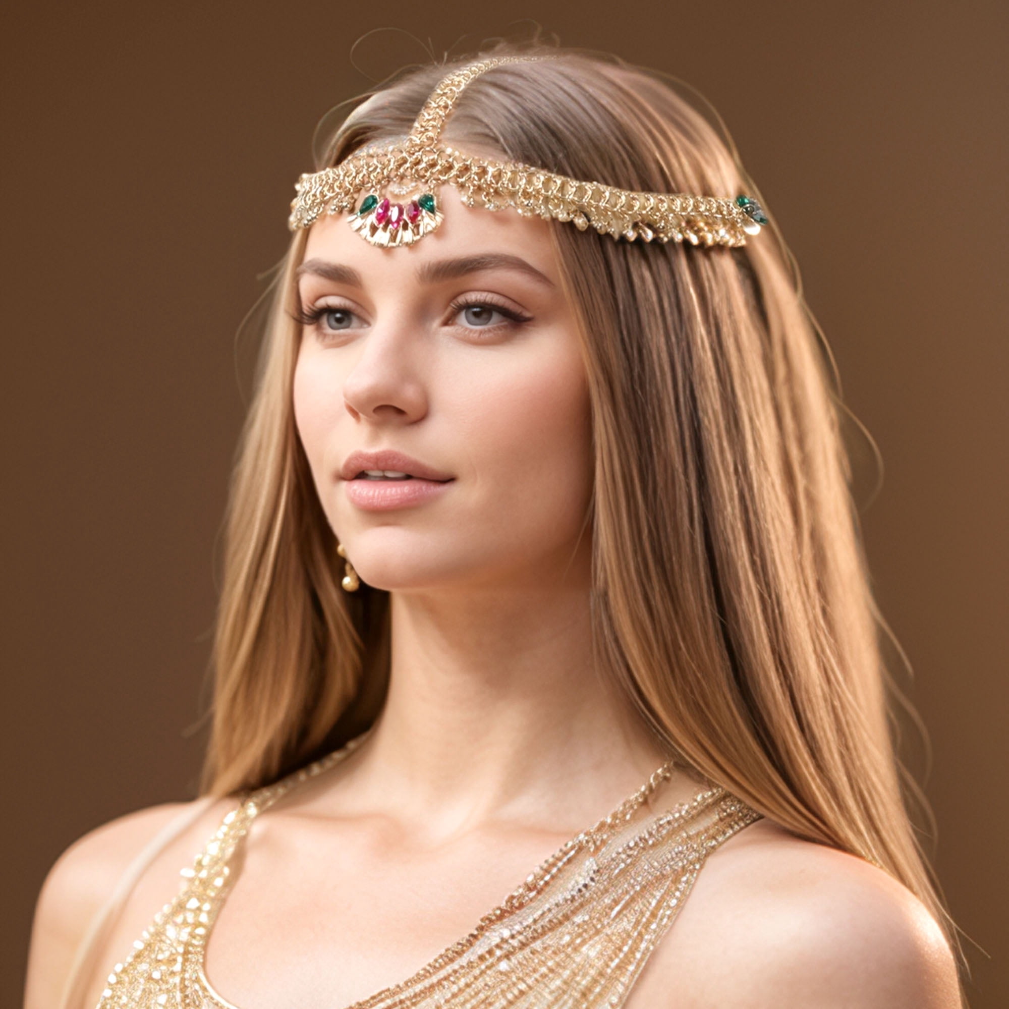 Unique Bargains Headpiece Elastic Faux Diamond Head Chain Gold Tone 1 Pc