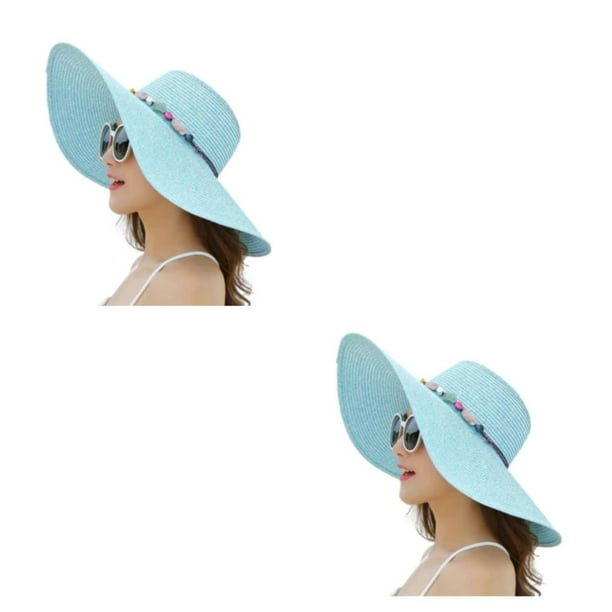 Minnieouse Sombrero de playa plegable con correa elástica en el interior - Fácil de llevar y usar Sombrero de paja de playa Gorra de playa Azul Cielo azul 2Conjunto