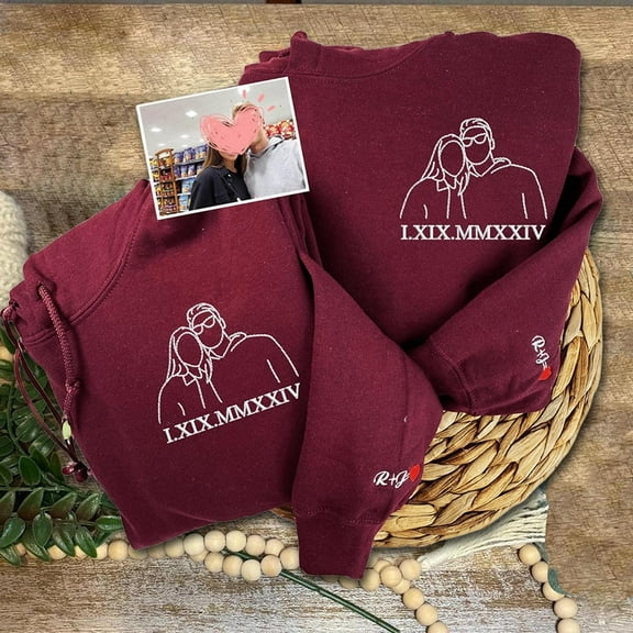 Custom Couple Matching Embroidered Portrait Hoodie with Roman Numeral Anniversary Gifts for Her Valentine's Day Gift