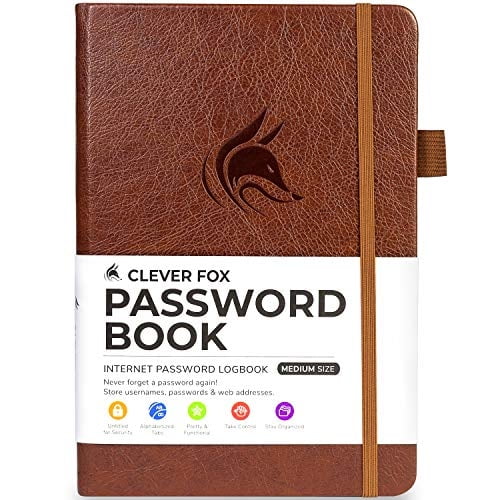 Cuaderno de contraseñas Clever Fox con pestañas. Organizador online con pestañas alfabéticas. (marrón)