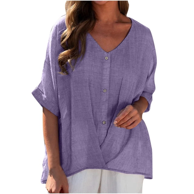 RKSTN Plus Size Tops for Women V-Neck Short Sleeve Loose Buttons Blouse Cotton and Linen Solid Color Tunic Shirts