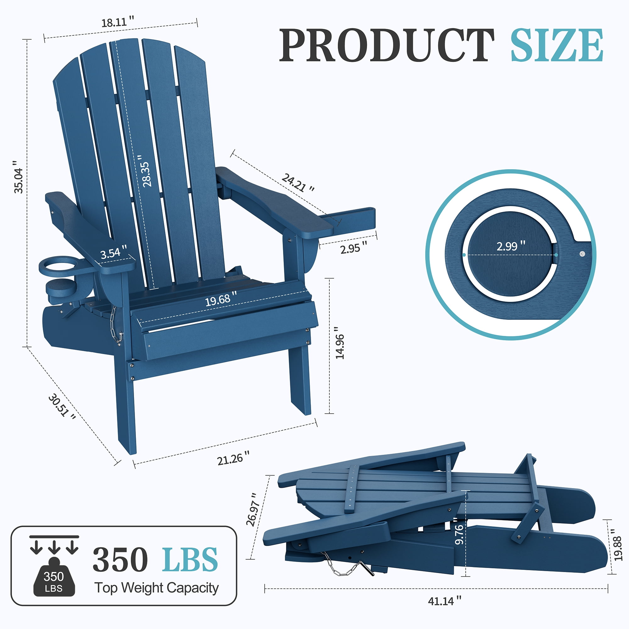 Walsunny Folding HDPE Adirondack Chair Set of 4,All-Weather Outdoor Fir Pit Chairs with Cup and Phone Holder for Outdoor Patio Garden Backyard,Blue
