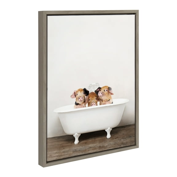 Kate and Laurel Sylvie Three Little Pigs In Vintage Bathtub Framed Canvas Wall Art by Amy Peterson Art Studio, 18x24 Gray, Modern Fun Decorative Bathtub Wall Art for Home Décor
