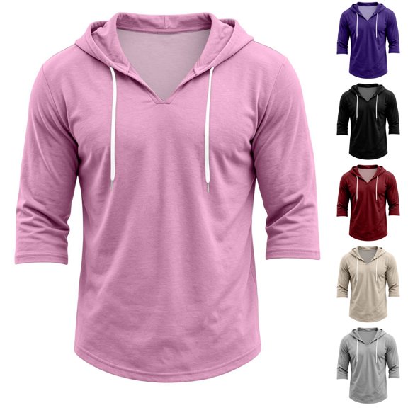 HAJWOH Men's Hoodies 3/4 Sleeve Workout Beach Shirts Vneck Breathable with Drawstring Sweatshirt