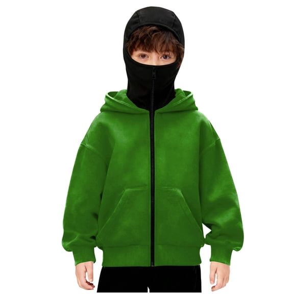 AHTJRT Boys Girls Full Zip Sweatshirts Pockets Hooded Jacket with Matching Zipperd Balaclava Hats Mask Windproof Long Sleeve Outerwear Green#01 6-7 Years