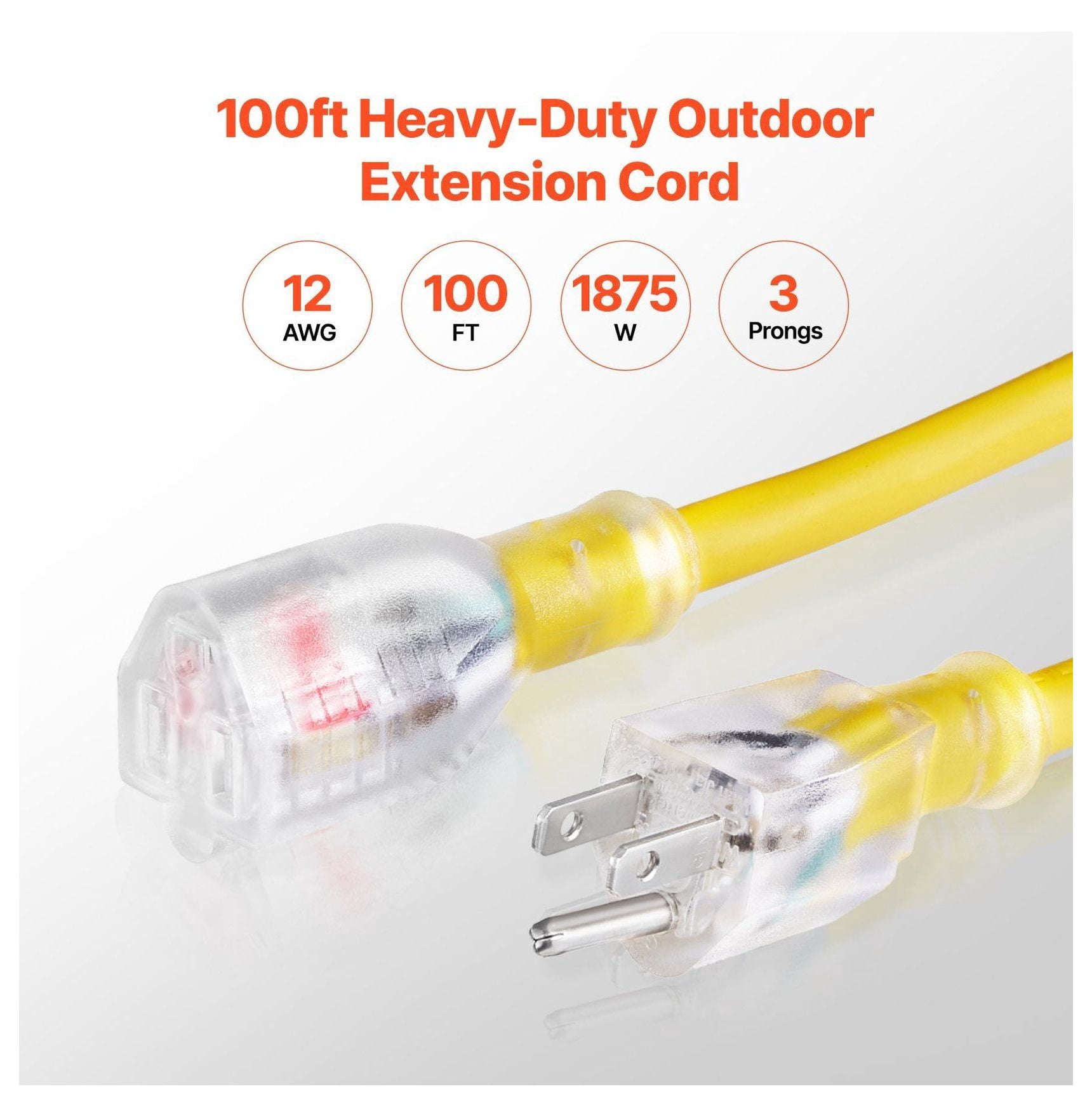 100ft Heavy Duty Extension Cord 12AWG, 15 Amp, 3-Prong - ETL Listed, Indoor Outdoor Cord, -40°F Cold Weather, Lighted End for Lawn, Garage, Home