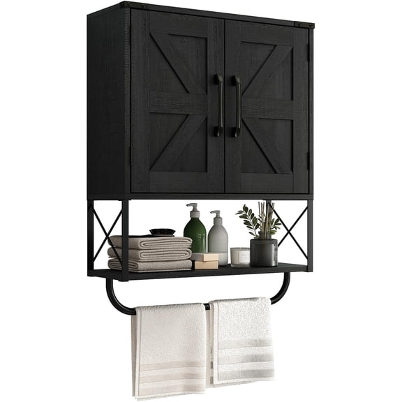 Farmhouse Medicine Cabinet with  Barn Door, Wood Wall Mounted Storage Cabinet with Adjustable Shelf and Towel Bar,Bathroom Cabinet for Bathroom, Living Room