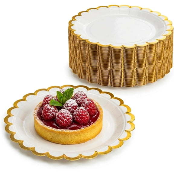 50 Pack Small Paper Plates 7 Inch - White and Gold Dessert Plates for Cake & Appetizer - Heavy Duty Disposable Party Plates for Wedding, Birthday, Anniversary - Scalloped Gold Rim