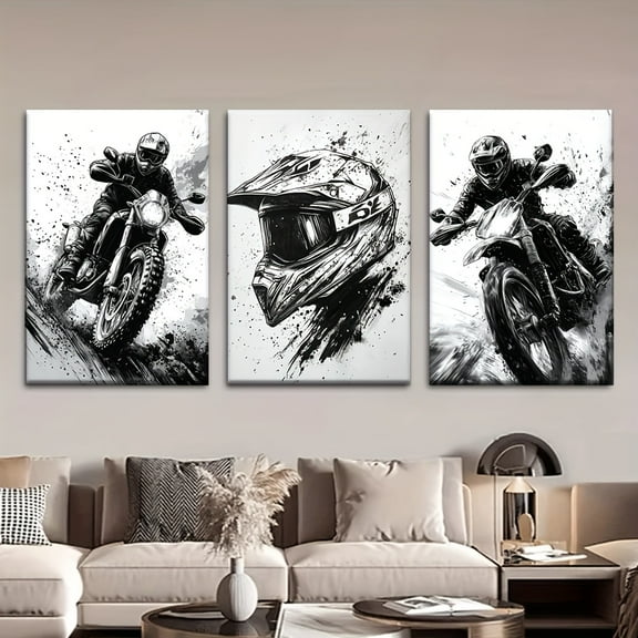 3pcs/set, Canvas painting--Unframed, Dirt bike, helmet, Posters and prints, living room, library, office, cafe, bar, abstract art, perfect birthday, holiday gift, Valentine's Day, Easter egg