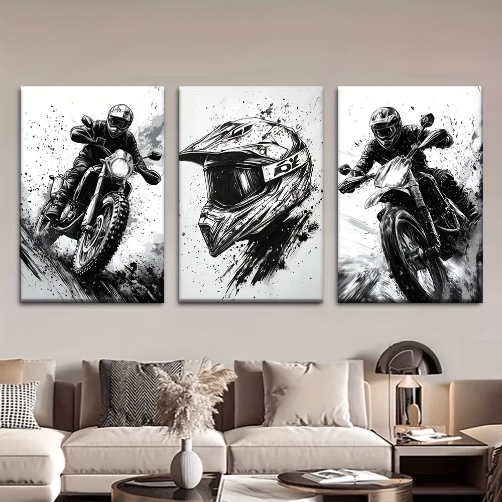 3pcs/set, Canvas painting--Unframed, Dirt bike, helmet, Posters and prints, living room, library, office, cafe, bar, abstract art, perfect birthday, holiday gift, Valentine's Day, Easter egg