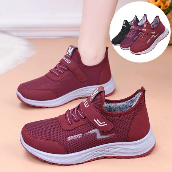 IEMIEMIEM Women's Winter Fur Lined Arch Support Sneakers Fashion mesh Upper Comfortable Warm Non-Slip Lightweight Hook & Loop Platform Walking Sport Shoes 7.5 wide
