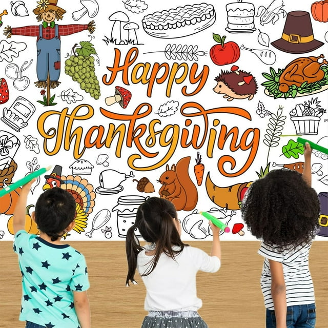 Thanksgiving Coloring Tablecloth Jumbo Poster for Autumn Holiday Party Decor with Turkey Pumpkin Graffiti Waterproof Background Wallpaper