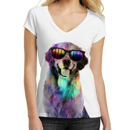 - Galaxy Rave Golden Retriever Tee B678 Junior's White V-Neck T-Shirt X-Large