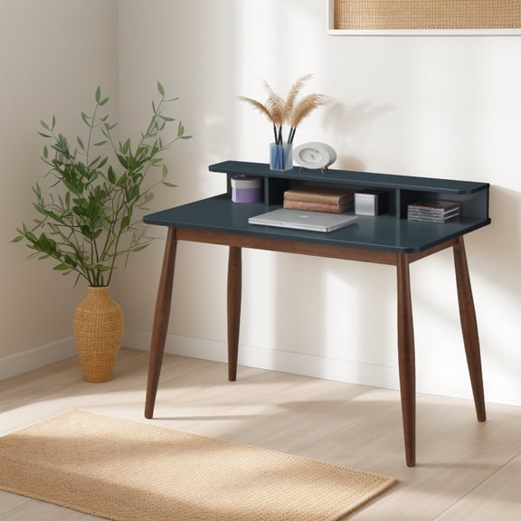 Mid-century Desk In Grey With And 3 Pigeonholes - Tapered Leg, 43" W X 23.6" D 34.4" H Writing Open Pigeonholes, Flared Wood