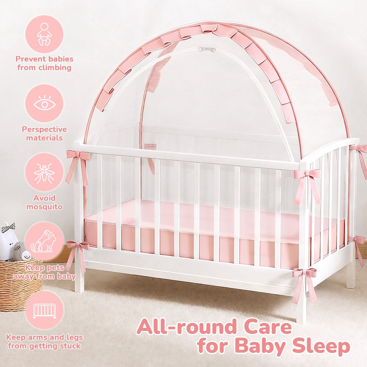 Crib Tent for Baby, Caveen Baby Crib Cover, Pop up Crib Canopy with Auto-Lock Zipper, Large Opening and Space, Portable