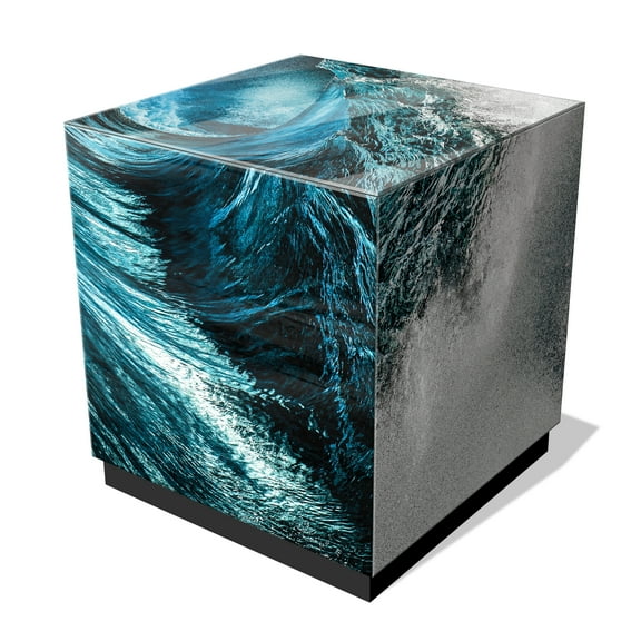 "Sapphire Sea" Reverse Printed Beveled Art Glass Lamp Table with Black Plinth Base