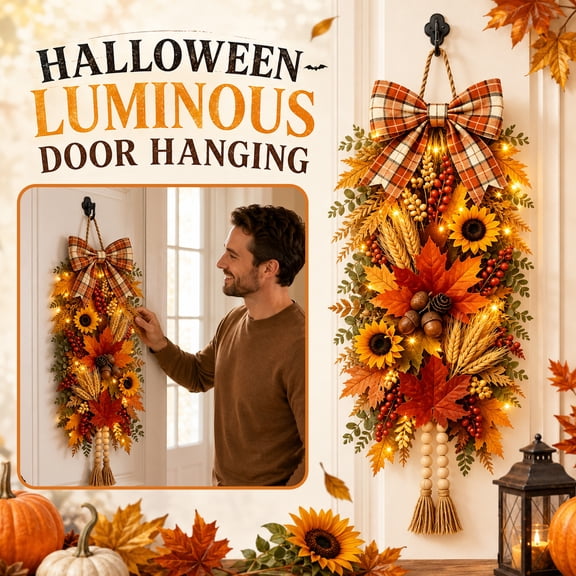 Halloween Wreath Light Up Hanging Decoration Fall Wreath for Front Door Halloween Front Door Decor Outdoor Fall Porch Decor with Halloween Outdoor Lights for Home Porch Party